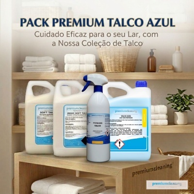 Pack premium de produtos de limpeza Talco Azul em prateleira de madeira com toalhas brancas e planta