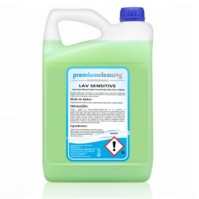 Recipiente de plástico branco com tampa azul e detergente verde, rótulo premiumcleaning