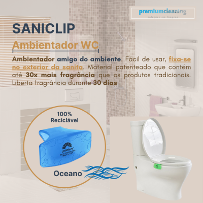 Ambientador SANICLIP azul Oceano fixado em sanita branca numa casa de banho moderna