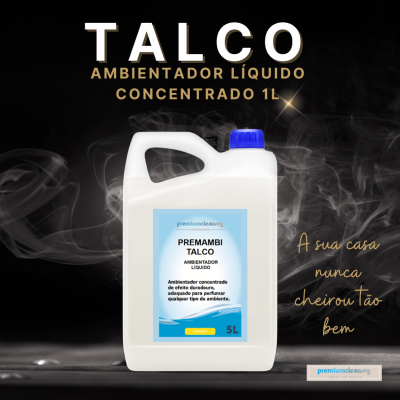 Recipiente plástico branco de 5L com rótulo azul de ambientador líquido, fundo preto com fumaça e texto dourado