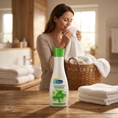 Frasco de produto para lavar roupa Dr Beckmann com toalhas brancas e mulher na casa de banho.