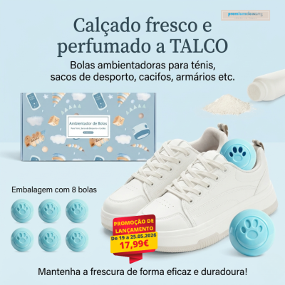 Bolas ambientadoras azuis para calçado junto a ténis brancos e embalagem azul, texto promocional em português.