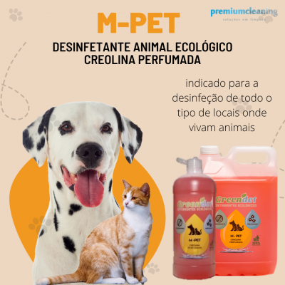 Desinfetante animal ecológico M-PET com embalagem e imagens de cão dálmata e gata.