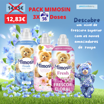 Pack de 3 amaciadores de roupa Mimosin com frascos coloridos e urso, preço promocional 12,83€.