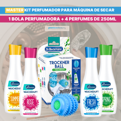 Kit perfumador Dr. Beckmann com bola azul e frascos de perfumes coloridos para máquina de secar