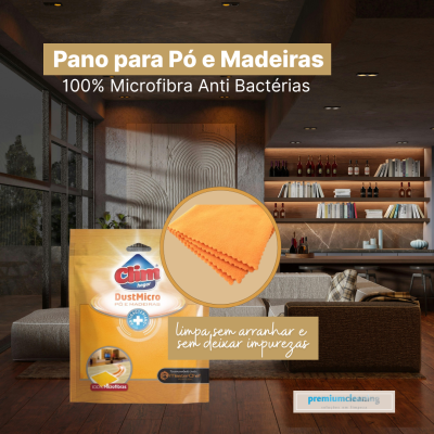 Pacote amarelo e branco Clini DustMicro com pano laranja para limpar pó e madeiras numa sala moderna