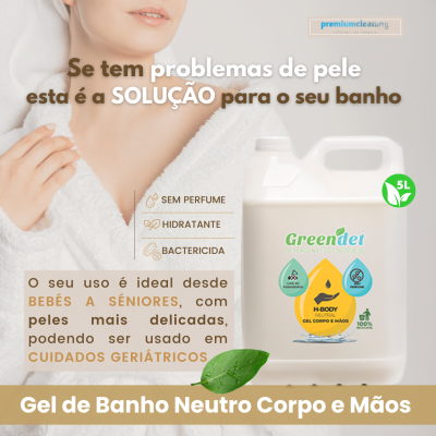 Gel de Banho Neutro Corpo e Mãos Greendet em embalagem branca com mancha amarela e azul