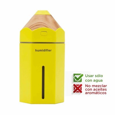 Humidificador amarelo com topo em madeira clara e instruções em espanhol