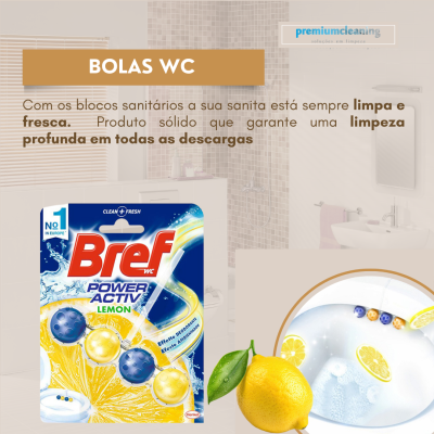 Embalagem de bolas WC Bref Power Activ Lemon com limão e bolhas em fundo de casa de banho