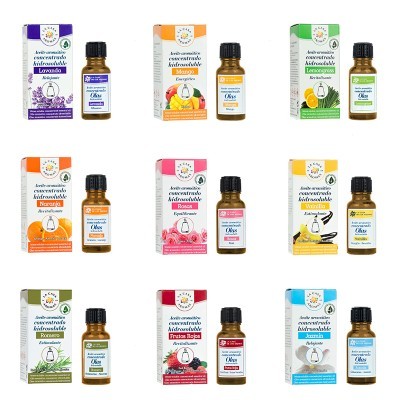 Nove óleos essenciais em frascos de vidro âmbar com embalagens coloridas e textos de aromas em português