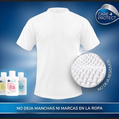 T-shirt branca com textura em destaque, frascos de detergente e selo Care + Protect