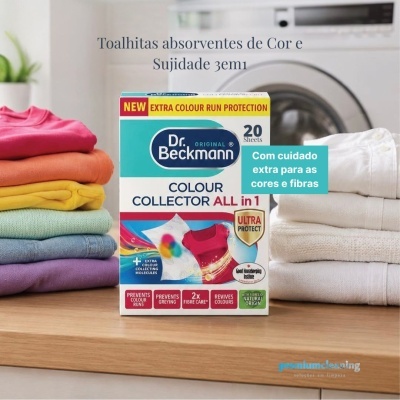 Pacote de toalhitas absorventes Dr. Beckmann Colour Collector ALL in 1 numa bancada entre roupa colorida e branca