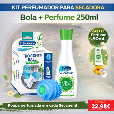 Kit perfumador para secadora com bola azul e perfume líquido branco com tampa verde.