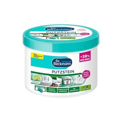 Recipiente redondo branco com tampa azul-água de produto de limpeza DR. Beckmann Putzstein