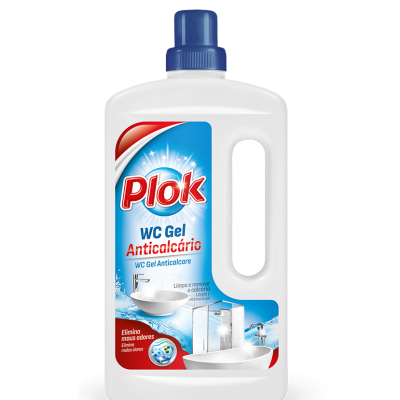 Frasco branco de gel WC Anticalcário Plok com tampa azul e etiqueta azul/vermelha