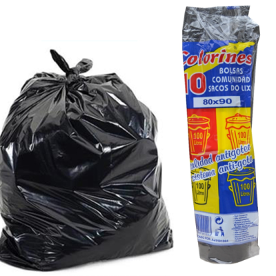 Saco de lixo preto cheio ao lado de pacote de sacos Colorines 80x90