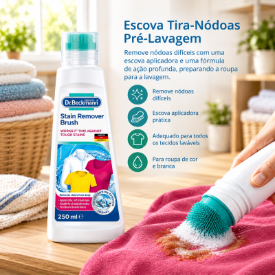 Frasco de removedor de nódoas Dr. Beckmann com escova aplicadora a limpar nódoa em camisola cor-de-rosa.