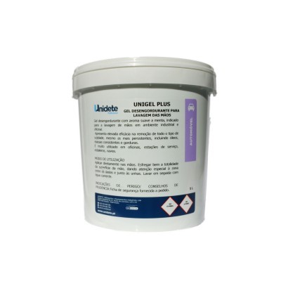 Balde branco de 5 litros com gel desengordurante para mãos UNIGEL PLUS da Unidete