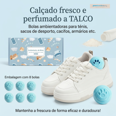 Bolas ambientadoras azuis para ténis ao lado de ténis brancos e embalagem azul com texto em português