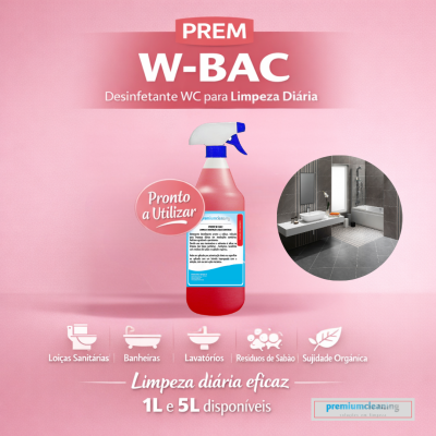 Frasco de desinfetante WC W-BAC em fundo rosa com imagem explicativa