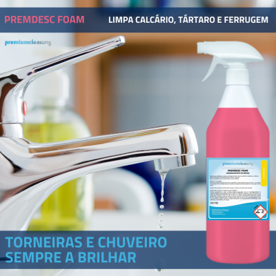 Torneira cromada a pingar ao lado de embalagem rosa do produto PREMDESC FOAM