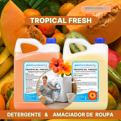 Frascos de detergente e amaciador Tropical Fresh com frutas tropicais ao fundo