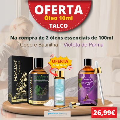 Frascos de óleo de fragrância de coco, baunilha e violeta com oferta de óleo talco de 10ml sobre base de madeira