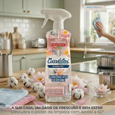 Frasco de spray com rótulo floral e texto em italiano e português numa cozinha moderna