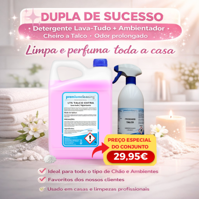 Detergente rosa em embalagem de 5 litros com ambientador em frasco branco e azul com texto em português