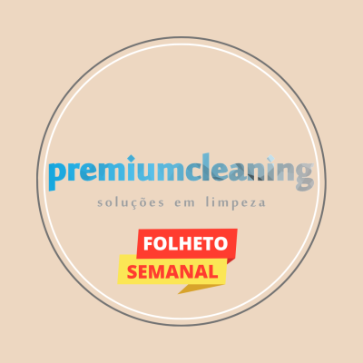 Logótipo premium cleaning com texto soluções em limpeza e destaque para FOLHETO SEMANAL em caixa vermelha e amarela