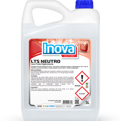 Recipiente plástico branco com tampa azul e rótulo do produto Inova LTS Neutro 5L