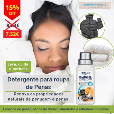 Detergente para roupa de penas HEITMANN com embalagem branca, mulher de olhos fechados a descansar em almofada branca ao fundo, promoção de 15% OFF