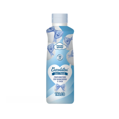 Frasco azul claro com tampa e laços azuis, perfumador para roupa e casa Coccolatevi Talco