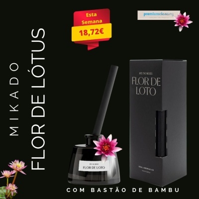 difusor de aromas preto com flor de lótus rosa e embalagem preta com texto