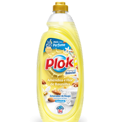 Frasco amarelo de amaciador de roupa Plok com tampa dourada e rótulo colorido