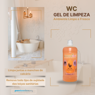 Gel de limpeza WC Greendet laranja com texto promocional em fundo de casa de banho moderna