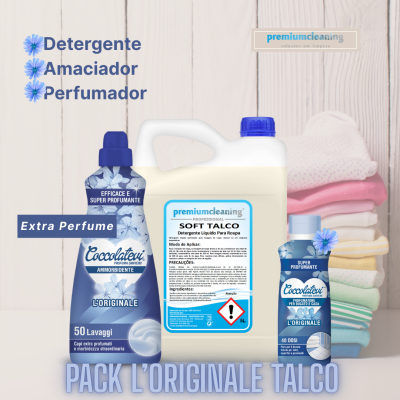 Produtos de limpeza premiumcleaning com embalagem azul e branca, empilhados em frente a roupas dobradas coloridas
