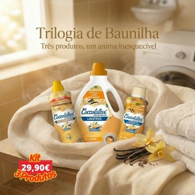 Produtos Coccolatevi aroma baunilha sobre tecido bege com flores e vagens de baunilha
