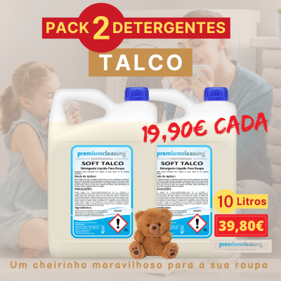 Duas embalagens de detergente líquido para roupa 5L SOFT TALCO da premiumcleaning com um urso de peluche castanho em primeiro plano