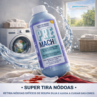 Frasco azul de tira-nódoas numa lavandaria com roupa manchada e máquina de lavar ao fundo