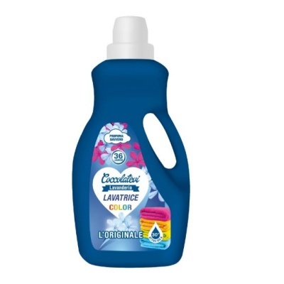 Garrafão azul de detergente líquido para roupa colorida com etiqueta colorida