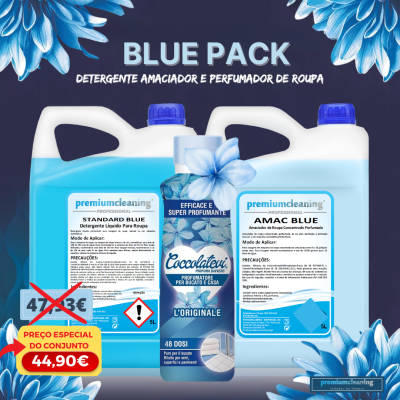 Conjunto Blue Pack com detergente, amaciador e perfumador para roupa com etiquetas e preço especial.