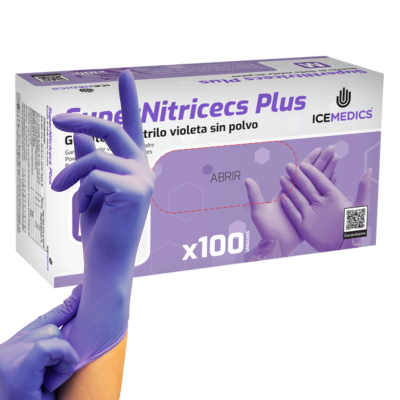 Caixa de luvas nitrilo violeta ICEMEDICS com 100 unidades e mãos vestindo luvas violeta