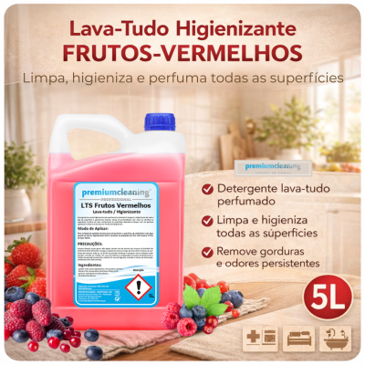 Bidão de lava-tudo higienizante frutos vermelhos rosa com tampa azul, frutos vermelhos frescos e texto explicativo em português