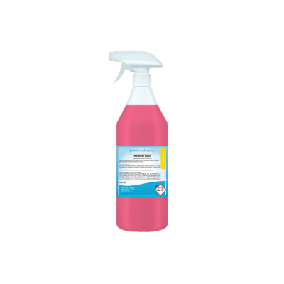 frasco de spray rosa com rótulo azul e branco