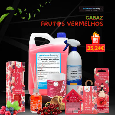 Conjunto de produtos de limpeza e ambientadores frutos vermelhos embalados com etiqueta premiumcleaning e La Casa de los Aromas