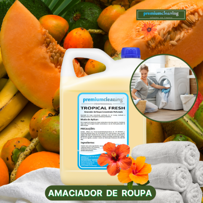 Amaciador de roupa concentrado tropical fresh premiumcleaning com frutas, flores e toalhas brancas e imagem de mulher a usar máquina de lavar.