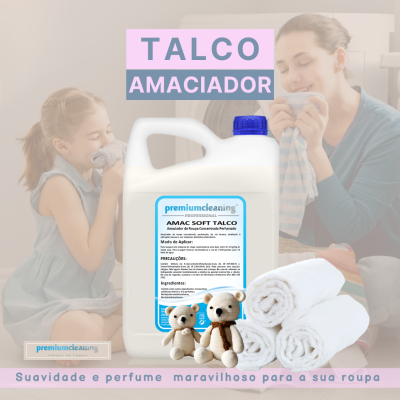 Amaciador de roupa concentrado premiumcleaning AMAC SOFT TALCO com ursos de malha e toalhas brancas