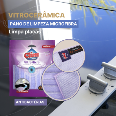 Pano microfibra da marca Clim para limpeza de vitrocerâmica em embalagem roxa sobre fogão de vitrocerâmica