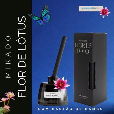 Frasco preto e caixa do Mikado Flor de Lótus com bastão de bambu e decorativos em fundo azul